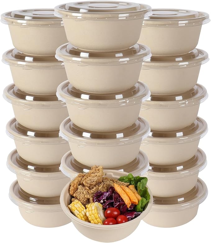 37 oz Disposable salad bowls with lids, Sugarcane Fiber Paper Bowls take away food containers Plant Fibers Freezer Safe 50 Pack