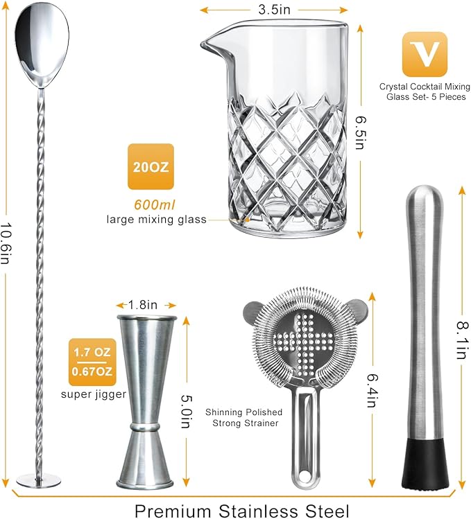 LIGHTEN LIFE Cocktail Mixing Glass Set,Bar Mixing Set with 20oz Crystal Thick Bottom Glass,Spoon, Jigger,Strainer and Muddle,5 Pieces Cocktail Mixing Glass Kits Perfect for Amateurs and Bartenders