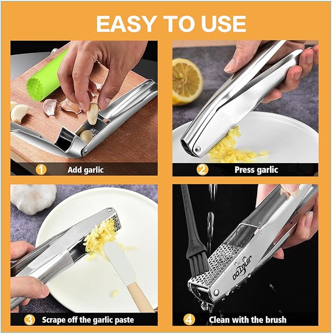 Garlic Press Stainless Steel, Easy Cleaning Kitchen Garlic Mincer & Crusher with Garlic Peeler Tube and Scraper, Heavy Duty Metal Ginger Press, Easy Squeeze, Dishwasher Safe
