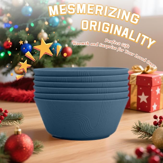 Homienly Wheat Straw Bowls - 36 Oz Soup Bowl Set 6 Unbreakable Dinnerware, Microwave and Dishwasher Safe Bowls, Alternative to Plastic Bowl Reusable, Bowls for Kitchen, Soup, Dinner, Pho(Navy Blue)