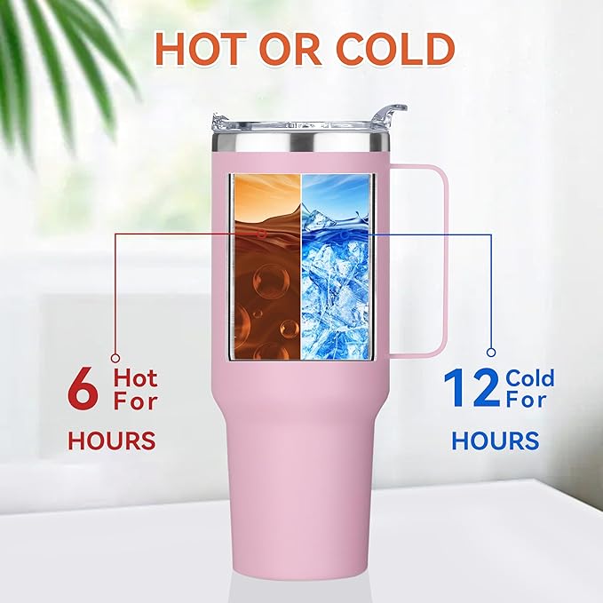 HASLE OUTFITTERS 40 oz Stainless Steel Tumbler with Handle, Vacuum Insulated Tumblers Bulk, Reusable Double Wall Travel Coffee Mug, Durable Powder Coated Water Bottle(Pink, 1)