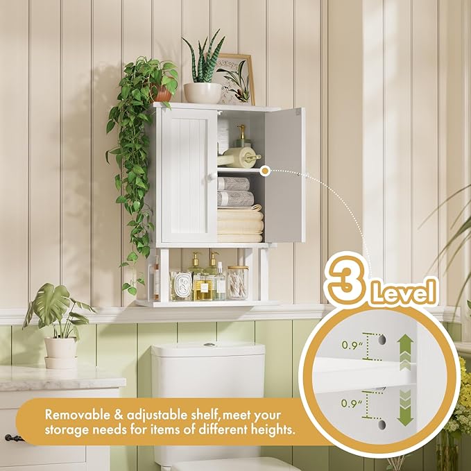 AmazerBath Bathroom Wall Cabinets, Bamboo Over The Toilet Storage Cabinet with Adjustable Shelves, Wall Mounted Medicine Cabinets with 2 Doors for Small Spaces, White, 9.0 x 15.7 x 23.8 Inches