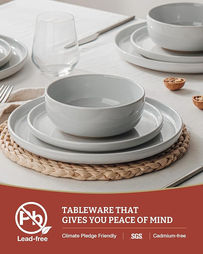Famiware Milkyway Plates and Bowls Set, 12 Pieces Dinnerware Sets, Dishes Set for 4, Light Gray