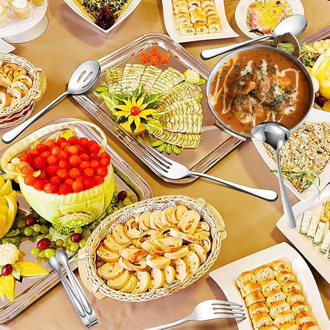 6 PCS Stainless Steel Serving Utensils, Large Serving Spoons Slotted Spoons, Forks, Ice Suger Tongs, Cake Server, Soup Ladle, Metal Utensils Set Great for Buffet Catering Banquet Party, Silver