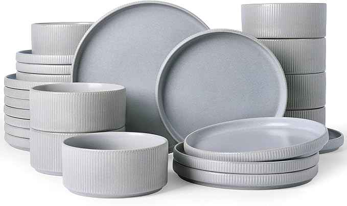 Famiware Star Dinnerware Set, Plates and Bowls Sets for 8 (24pcs), Ribbed Stoneware Dishes - Chip & Scratch Resistant, Microwave & Dishwasher Safe, Matte Gray
