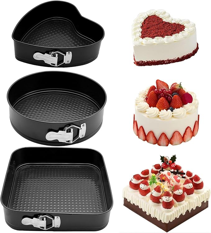 Springform Cake Pan Set of 3 (7, 8, 9 Inch) Heart Round Square Leakproof Nonstick Cheesecake Pans with Removable Bottom Carbon Steel Bakeware