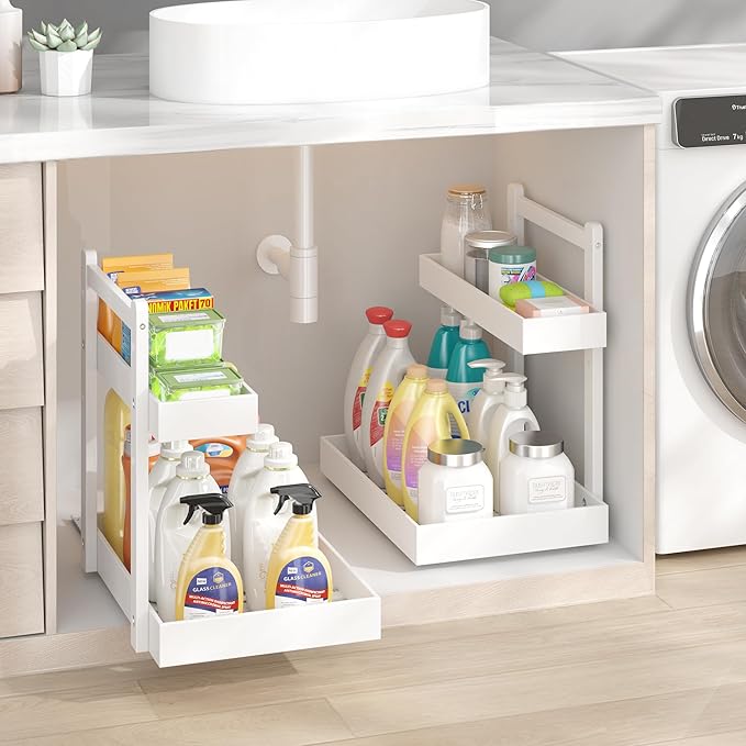 Under Sink Organizer - 1-Tier Pull Out Cabinet Organizer Vertical Slide Out Sink Shelf Storage Shelves for Multi-Purpose Bath Kitchen Bathroom Medicine (White, 2 Packs)