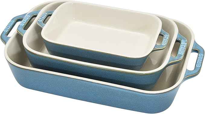 STAUB Ceramic 3-pc Rectangular Baking Dish Set, Rustic Turquoise