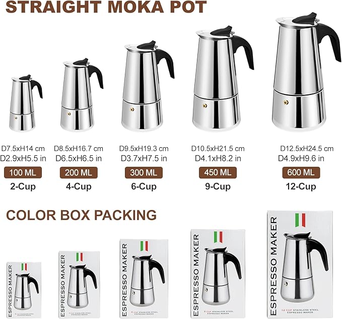 9 Cup Stovetop Espresso Maker Stainless Steel Moka Pot Stove Top Percolator Italian Coffee Makers Capable Mocha Greca Machine Cafe Classic Induction Cookers for Home and Camping 450ml 15oz