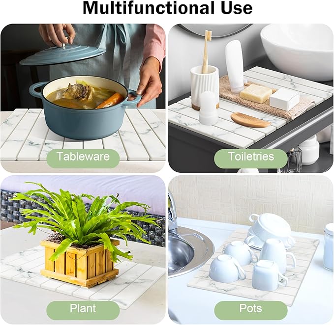 Stone Dish Drying Mat for Kitchen Counter,24"(L)×16"(W) Collapsible Fast-Drying Diatomaceous Earth Mats with Towel Sanding Tool,Versatile Stone Drying Mats for Cups Dishes Bottles