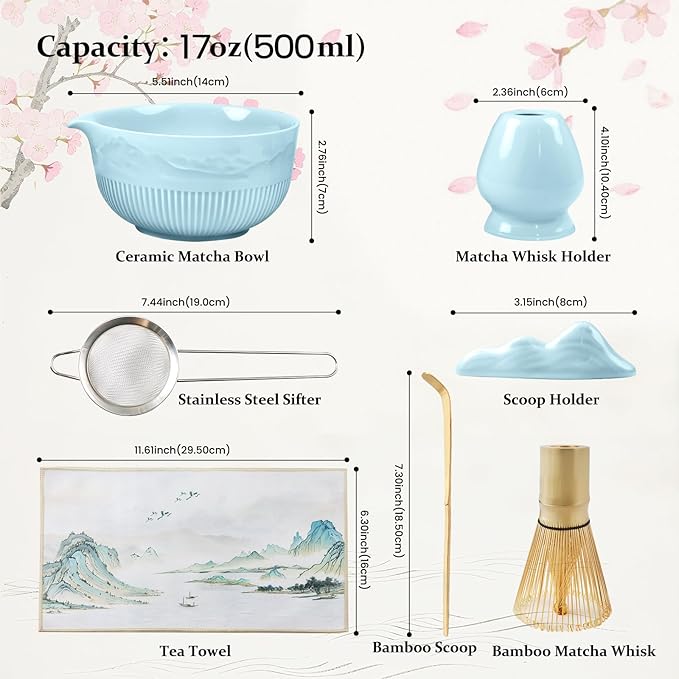 7PCs Pink Matcha Whisk Set Traditional Japanese Matcha Kit with Whisk and Bowl Matcha Making Accessories Bamboo Chasen Tea Spoon Holder Sifter Tea Towel Ceremony Macha Tea Set for Beginners