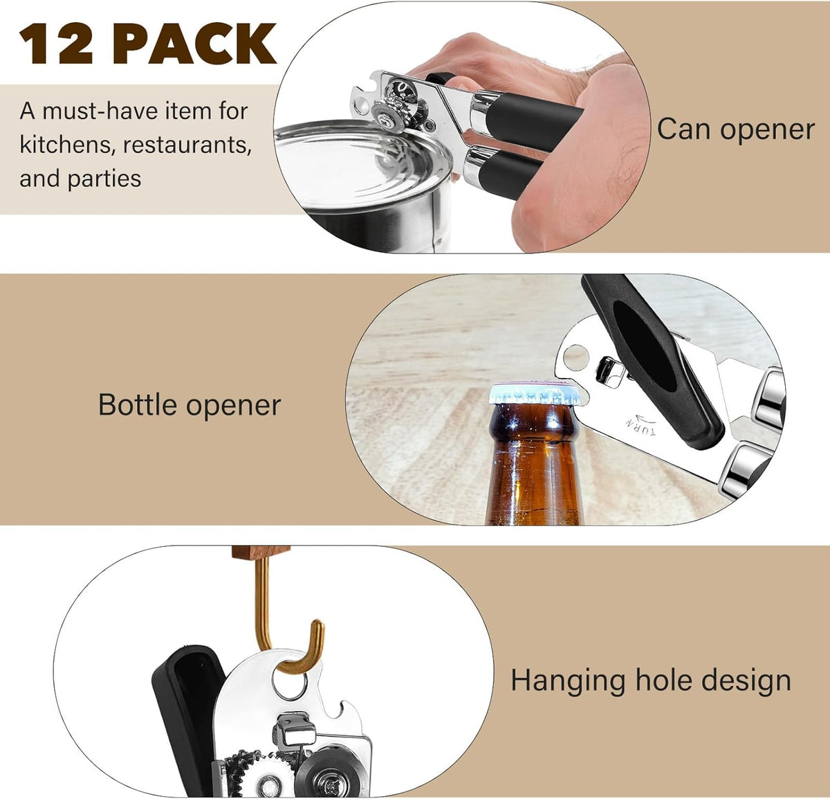 12 Pcs Can Opener Manual Multifunctional Tin and Can Opener Smooth Edge with Sharp Blade Hand Held Soft Grip Handle Bottle Opener Quick Opening Tool with Large Turn Knob for Kitchen