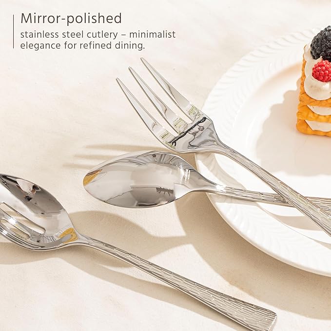 KINGSTONE Hammered 10-Piece Serving Utensil Set, 18/10 Stainless Steel Flatware for Catering, Party Include Spoons, Slotted Spoon, Fork, Butter Knife - Mirror Finish & Dishwasher Safe