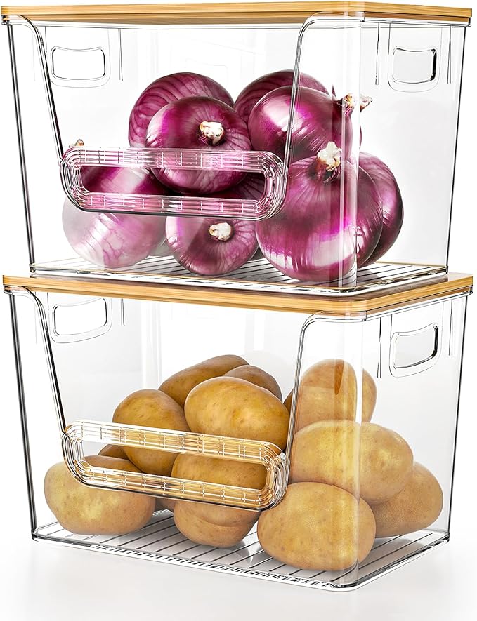 Delamu 2 Set Pantry Organizers and Storage, Trash Bag Holder Under Sink Organizer for 4-13 Gal Bags, Trash Bag Dispenser with Bamboo Top for Onion, Potato, Garlic, Clear (11-7/32"L*7" W*7-1/8"H)