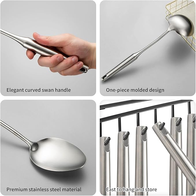304 Stainlss Steel Kitchen Utensils Set, 11 Pcs Long Metal Cooking Utensil Gadgets Tools Set with Spatula, Ladle, Spoon, Ladle, Skimmer, Tunner, Pasta Server, Tongs(Silver, Dishwasher Safe)