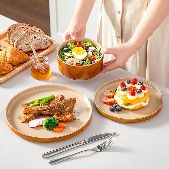 vancasso ONION Ceramic Plates and Bowls Sets, 12 Pieces Brown Dinnerware Sets for Kitchen, Reactive Glaze Dishes Set for 4, Dishwasher and Microwave Safe