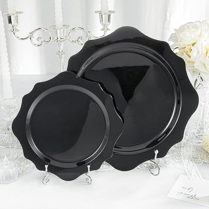 100 PCS Black Disposable Plates for 50 Guests, Scalloped Plastic Plates Include 50 Dinner Plates and 50 Dessert Plates for Party, Wedding, Graduation and Father's Day