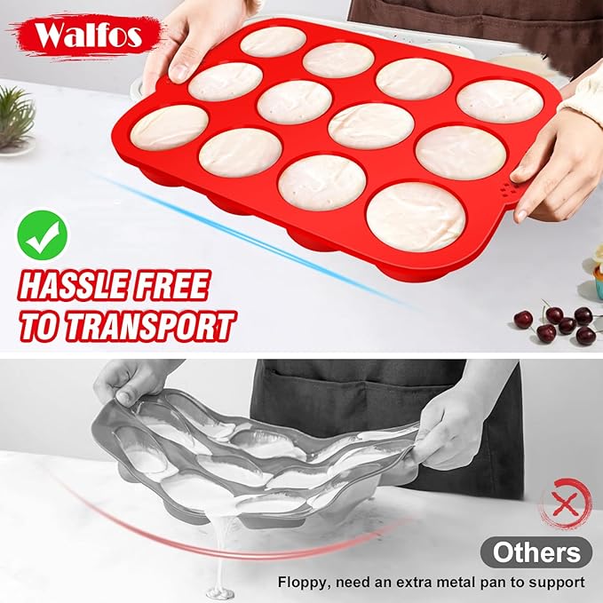 Walfos Silicone Muffin Pan with Metal Frame, 2.8 Inch Regular Size Silicone Cupcake Pan Muffin Tin, Non-Stick 12 Cups Egg Bites Molds for Baking, BPA Free, Dishwasher Safe, 2 Pack
