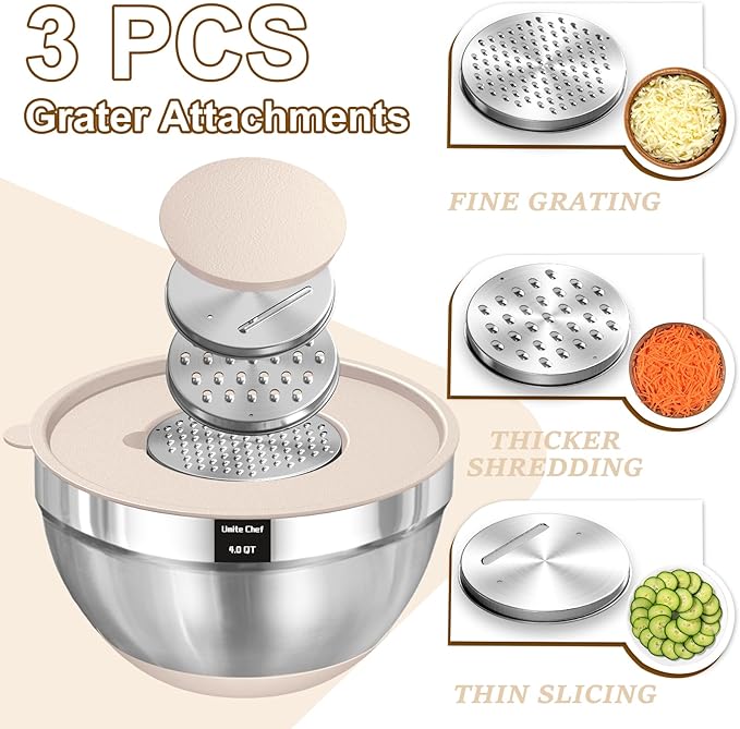 Umite Chef Mixing Bowls with Airtight Lids Set, 8PCS Stainless Steel Khaki Nesting Bowls with Grater Attachments, Kitchen Bowls with Non-Slip Bottoms, Size 5, 4, 3.5, 2, 1.5QT for Mixing & Serving