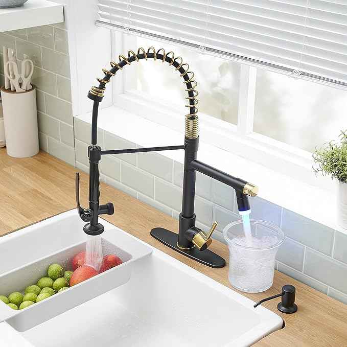 Fapully Commercial Kitchen Faucets with Pull Down Sprayer Matte Black&Gold LED Kitchen Faucet with Soap Dispenser and Deck Plack for 4 Hole, Single Handle Faucet for Kitchen Sink