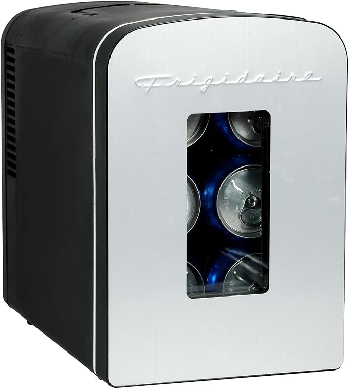 Frigidaire Portable 9-Can Mini Cooler Fridge, 5L, Brushed Stainless Rugged, Window, EFMIS189-SS, Clear Door, Glass