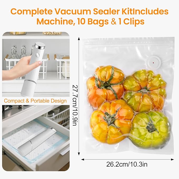 Compact Vacuum Sealer for Food (Portable Vacuum Sealer Machine+10 Reusable Bags) Compact Handheld Food Saver for Meat, Camping & RV Travel,Seal Food 6X Fresh Longer, Portable & Wireless, Easy-Clean