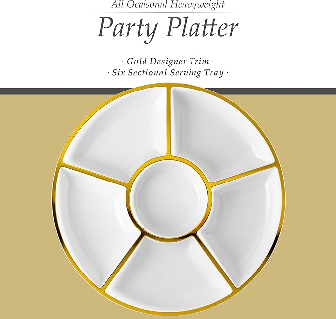 Plasticpro 6 Sectional Round Plastic Serving Tray/Platter (8, White & Gold)