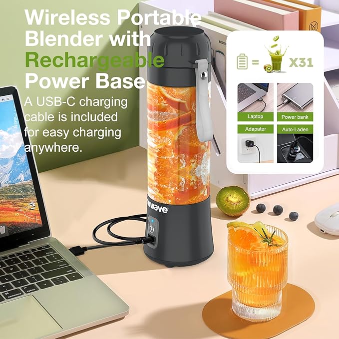 Nuwave Portable Blender for Smoothies and Shakes, 2025 New & Improved, 16 OZ On-The-Go Small Juice MIni with 6 Blades, Rechargeable, BPA-Free, Leak-Proof Lid, for Gym, Kitchen, Office