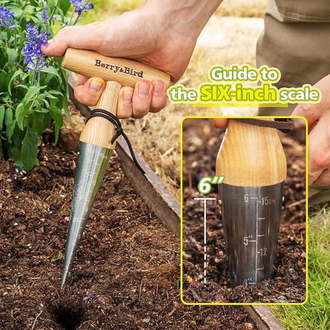 Berry&Bird Hand Dibber – Precision Wood Handle Garden Hole Punch Dibbler Tool for Planting Seeds & Bulbs with 6'' Measuring Scale, Bulb Planter for Planting Flowers Tulips Daffodils Dahlias