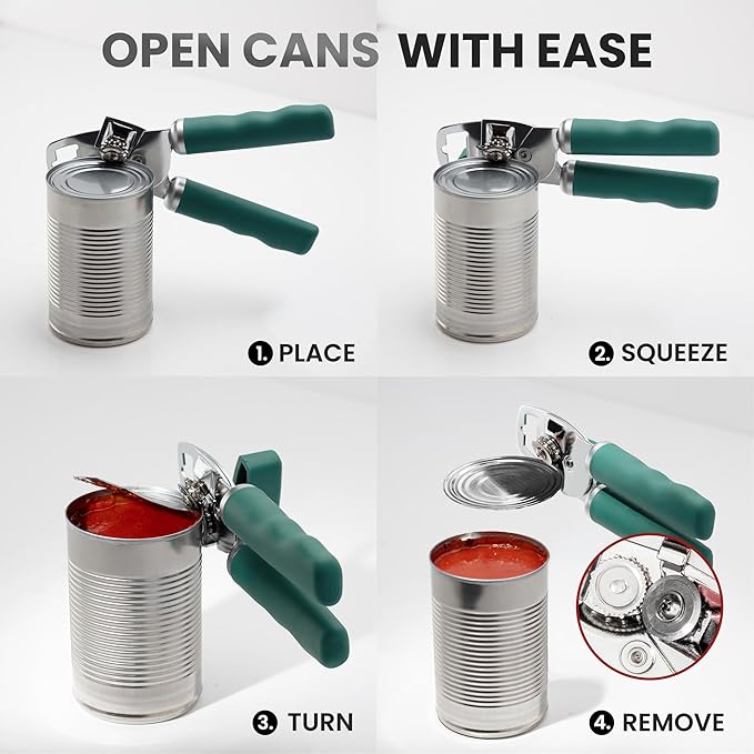 Zulay Kitchen Heavy Duty Stainless Steel Can Opener Manual with Bottle Opener - Rust Proof Manual Can Opener With Turn Knob & Comfy Soft Grip Handles - Pine Green