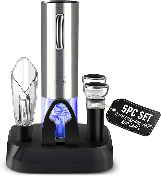 Zulay Kitchen Electric Wine Opener 5-Piece Gift Set with Charging Base - Foil Cutter, Aerator & Pourer, Vacuum Stoppers - Automatic Wine Bottle Corkscrew Opener For Smooth & Fast Uncorking