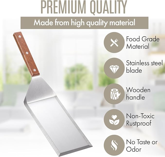 Professional Stainless Steel Extra Long Griddle Spatula with Wood Handle for Skillets,Thick Steel Blade Griddles & Pancake Flipper for Burgers, Omelet, and Versatile for Culinary Task, 8 x 4 inches