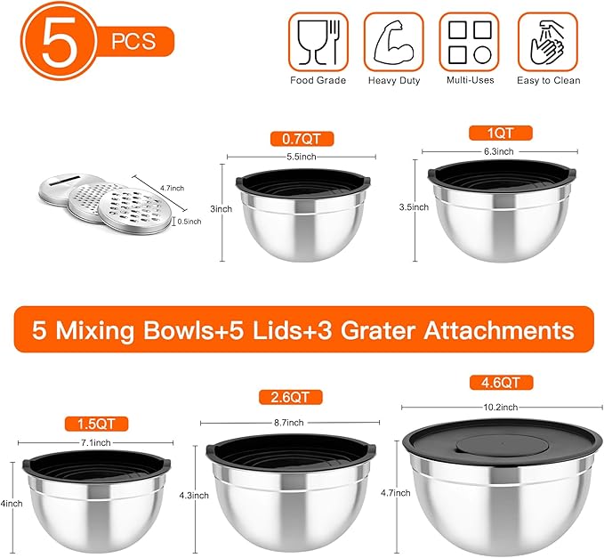 TeamFar Mixing Bowls with Airtight Lids, 5PCS Stainless Steel Metal Salad Bowl with 3 Grater Attachments, for Cooking, Prepping, Serving, Healthy & Easy Clean - 0.7/1/1.5/2.6/4.6QT, Black