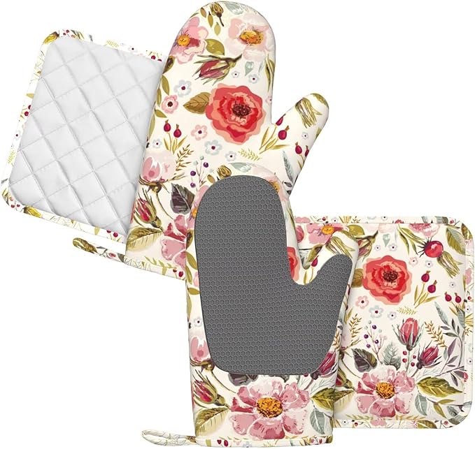 Wildflowers Floral Oven Mitts Pot Holders Set Silicone Heat Resistant Botanical Floral Oven Mitts and Hot Pads Potholders Non-Slip Oven Gloves for Cooking Baking Grilling BBQ