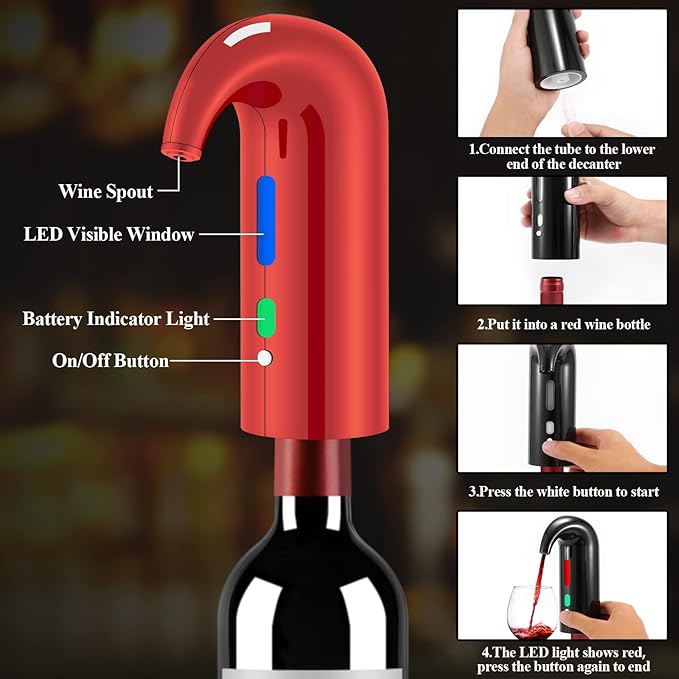 Wine Bottle Opener Christmas Day Gift Set with Electric Wine Opener, Wine Decanter&Wine Aerator and Pourer, wine stopper, Foil Cutter and EVA Storage Bag, Rechargeable and Automatic-(Christmas Red)