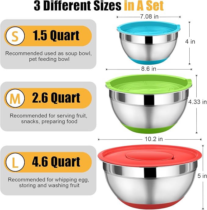 P&P CHEF Mixing Bowl with Lids Set of 3, Stainless Steel Nesting Salad Bowls for Serving Preparing, 3 Grater Attachments & Non-Slip Bottoms, Size 1.5/2.6/4.6 QT, Multicolor