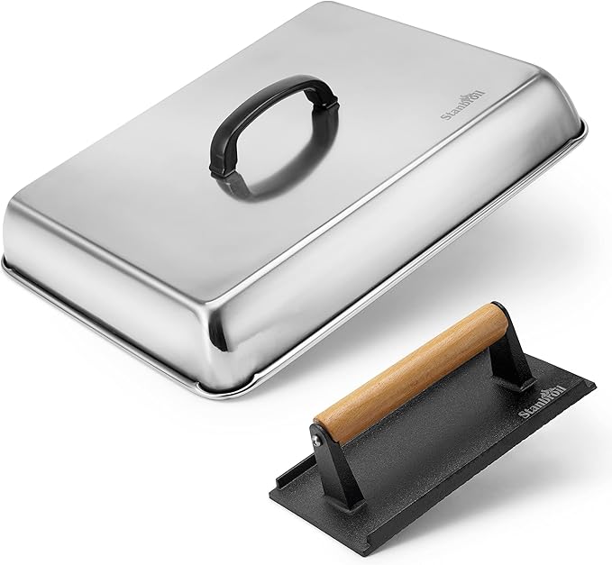 Stanbroil Melting Dome & Grill Press Kit- Stainless Steel Basting Cover Cheese Melting Dome with Cast Iron Burger Bacon Press for Flat Top Griddle Grill Indoor/Outdoor