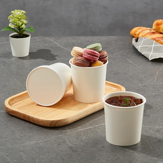 JOLLY PARTY 50pack 16oz Paper Soup Containers with Lids, Disposable Paper Food Cups, Ice Cream Cups, Food Storage with Lids, Microwavable and Freezer Safe, Suitable for Christmas Thanksgiving (White)