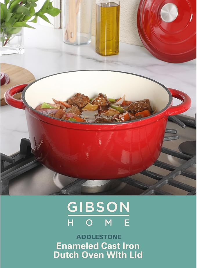 Gibson Home Addlestone 5-Quart Red Enamel Cast Iron Dutch Oven with Lid and Dual Handles – Durable Round Cooking Pot