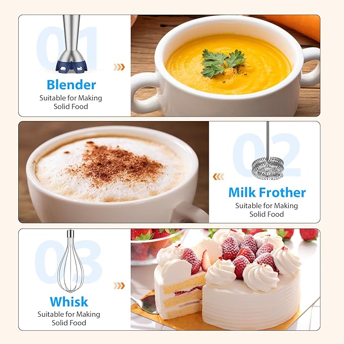 KOIOS Immersion Blender, 1000W Anti-scratch 3-in-1 Hand Blender, Upgraded 12 Speed Stainless Steel Blade Stick Blender with Turbo Mode, Whisk and Milk Frother, Non-BPA, Blue
