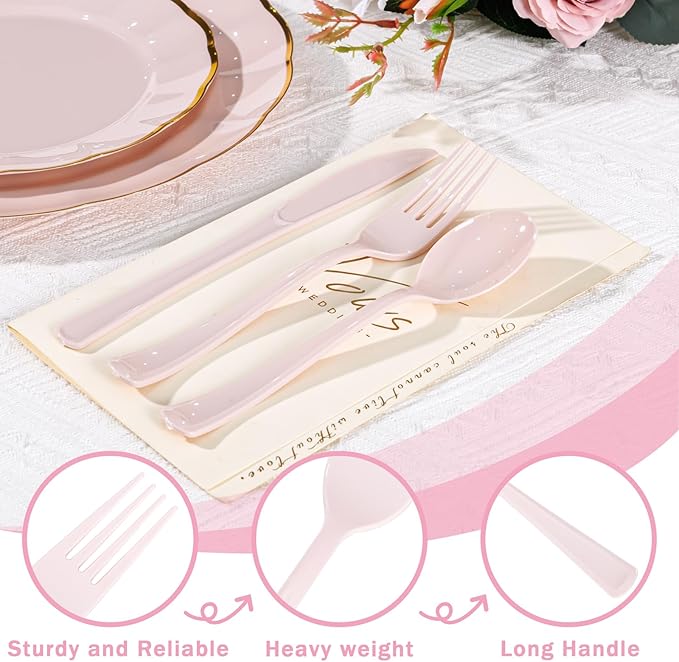Supernal 300 Pieces Pink Plastic Silverware Heavy Duty Disposable Silverware Pink Utensils Disposable Cutlery Set 100 Forks 100 Knives 100 Spoons for Wedding Party Supplies Everyday Use