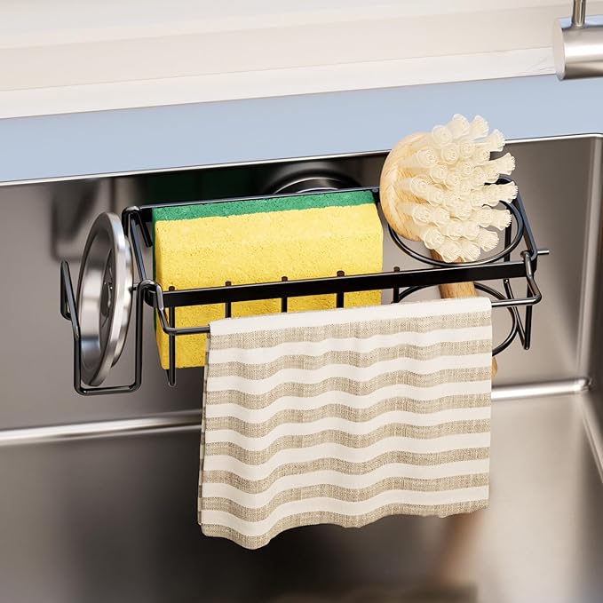 TAILI 4-in-1 Sponge Holder for Kitchen Sink with Strong Suction Cup Removable, Rustproof Stainless Steel Sink Caddy for Sponge, Brush, Scrubber, Scraper -Black