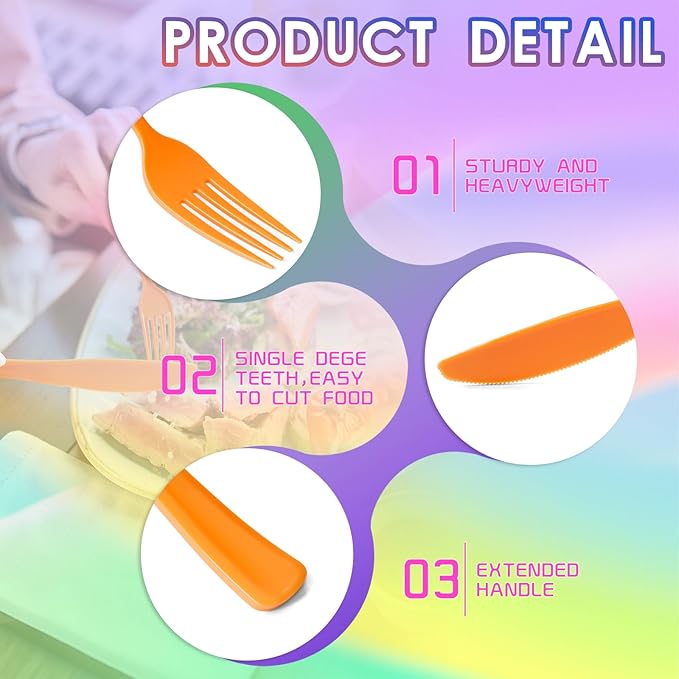 300 Pack Neon Party Disposable Plastic Silverware Heavy Duty, Plastic Cutlery Set, Forks and Spoons Knives Set for Birthday Party Prom Night, Weddings（Orange,Green, Hot Pink, Yellow Colors）