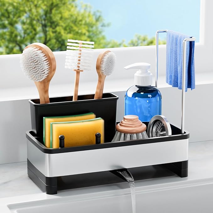 Sponge Holder for Kitchen Sink, Rustproof Stainless Steel Sink Caddy with Auto-Drain, Removable Brush Holders, Soap and Dishcloth Organizer, Black