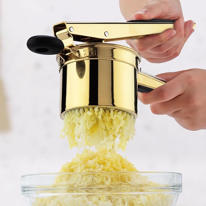 Zulay Kitchen Large 15oz Potato Ricer, Heavy Duty Stainless Steel Potato Masher and Ricer for Mashed Potatoes, Mashed Potato Masher & Potato Press Gadget for Perfect Mashed Potatoes - Gold/Black