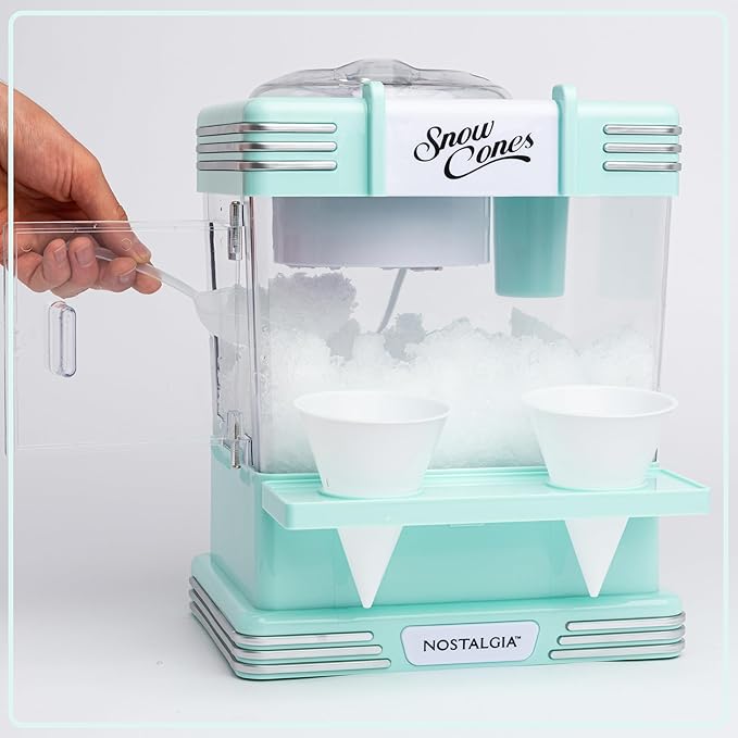Nostalgia Snow Cone Shaved Ice Machine - Retro Table-Top Slushie Machine Makes 20 Icy Treats - Includes 2 Reusable Plastic Cups & Ice Scoop - Aqua