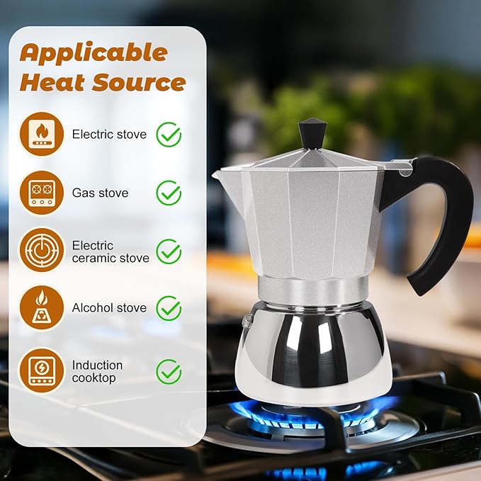 No Coating 4 Cup Aluminum and Stainless Steel Moka Pot Stovetop Espresso Maker Italian Coffee Machine 220ml 7.44oz Suitable for Gas Induction Stovetop Greca Coffee Maker Percolator Silver
