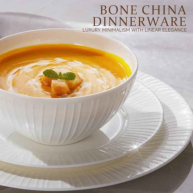 KINGSTONE 12-Piece Bone China Dinnerware Set with 20-Piece flatware, White Lightweight Porcelain Service for 4, for Family Dining, Restaurants, Gifting，Microwave and Dishwasher Safe