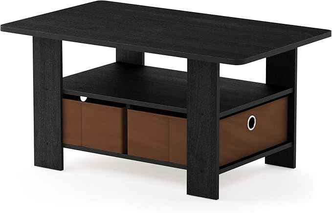 Furinno Andrey Coffee Table with Bin Drawer, Americano/Medium Brown, Small Non-Lift Top