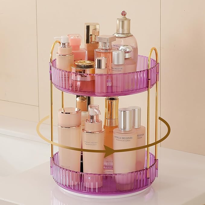 Aveniee Rotating Makeup Organizer for Vanity, Perfume Skincare Organizers Spinning, 2 Tier Bathroom Countertop Storage, Cosmetics Lipstick Holder for Counter Dresser,Purple